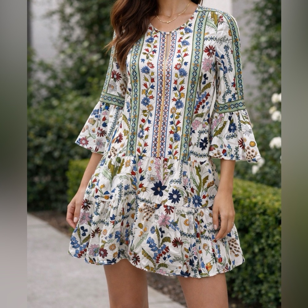 Tory Burch Daphne Dress Women's 4 printed silk mini Tiered Floral Vacation NICE✅